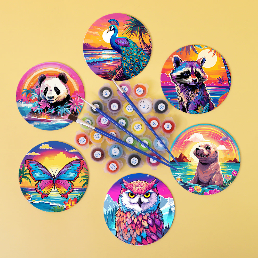 Sunrise with Animals Print Paint By Numbers Coaster Set (6 Pack)