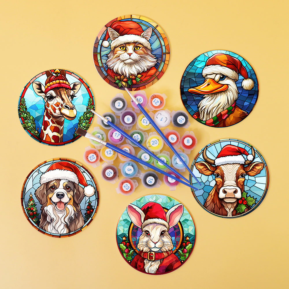 Animal with Christmas Hat Print Paint By Numbers Coaster Set (6 Pack)